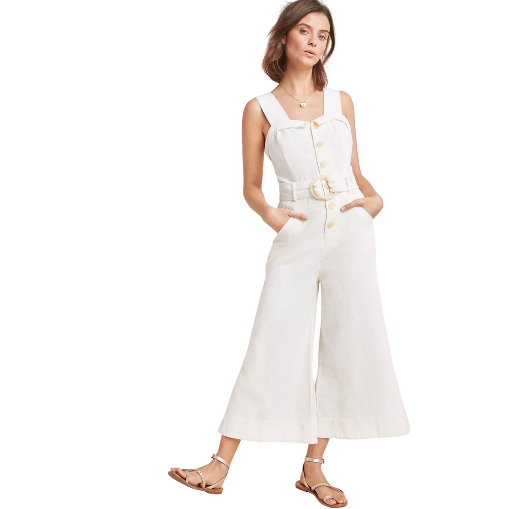 Anthropologie Women's Cream Cape Cod Button Belted Wide Leg Jumpsuit Size 8 - Picture 1 of 16